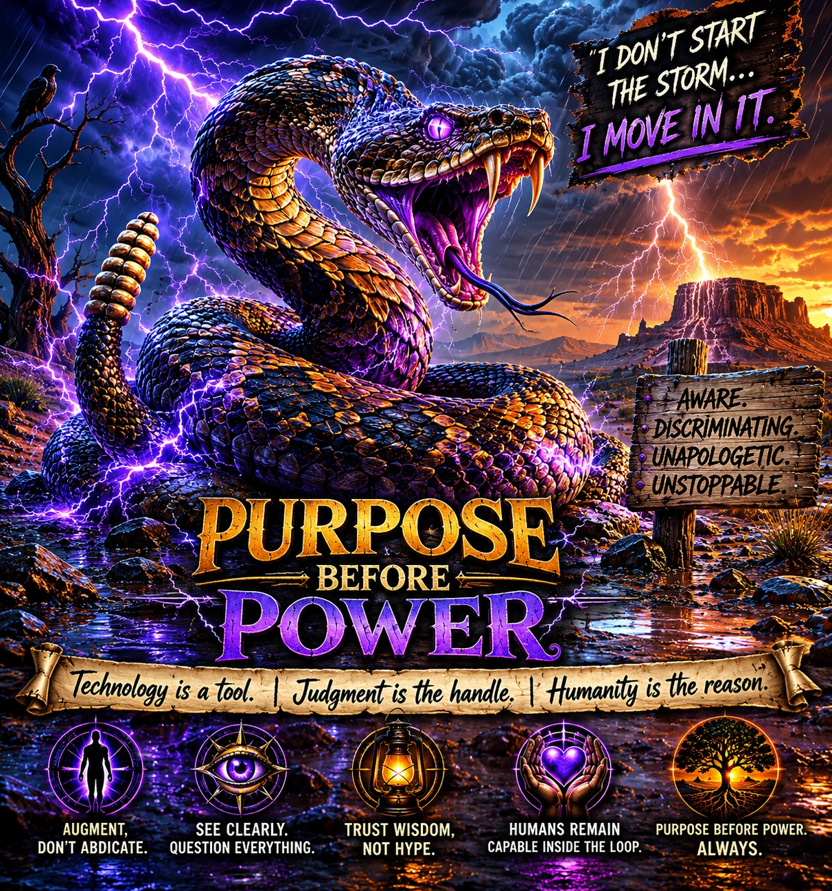 Purpose Before Power—technology is the tool, judgment is the handle, humanity is the reason.